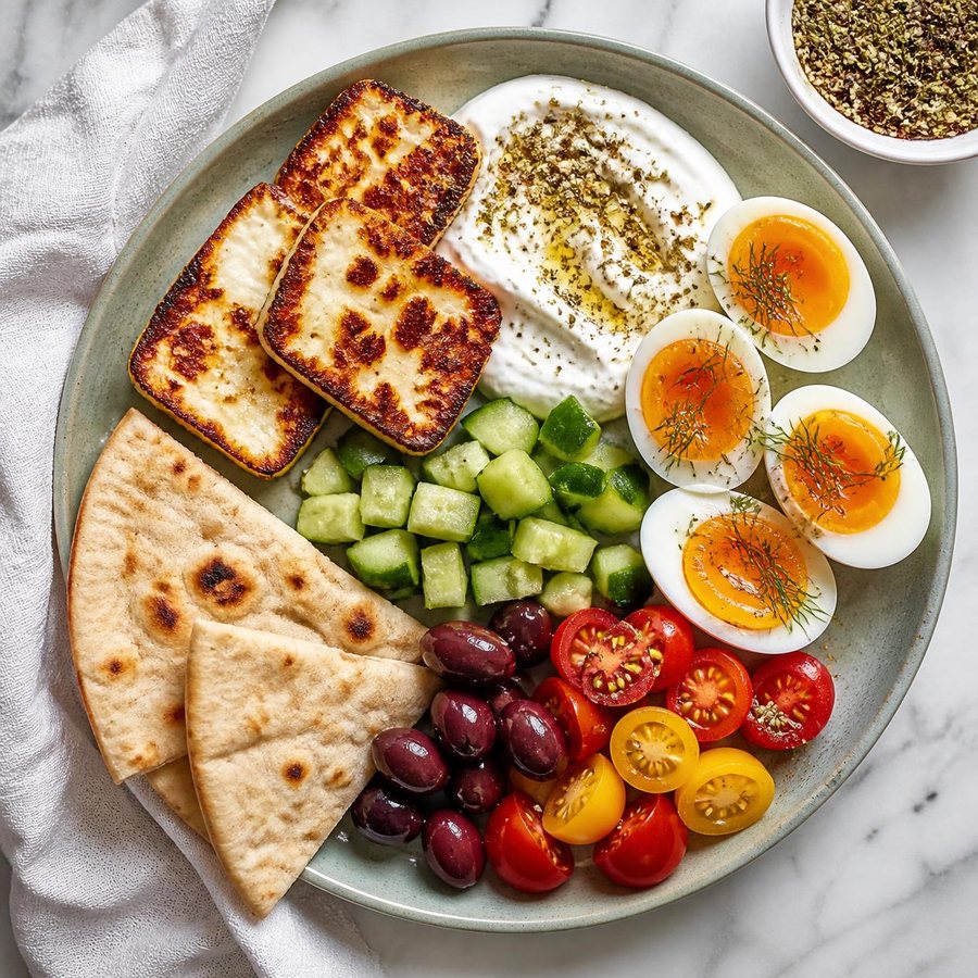 High-protein Mediterranean breakfast plate with grilled halloumi, Greek yogurt with za'atar, soft-boiled eggs, cucumber, olives, cherry tomatoes and pita